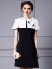Shawl style dress， summer black and white contrasting color patchwork， three-dimensional floral skirt