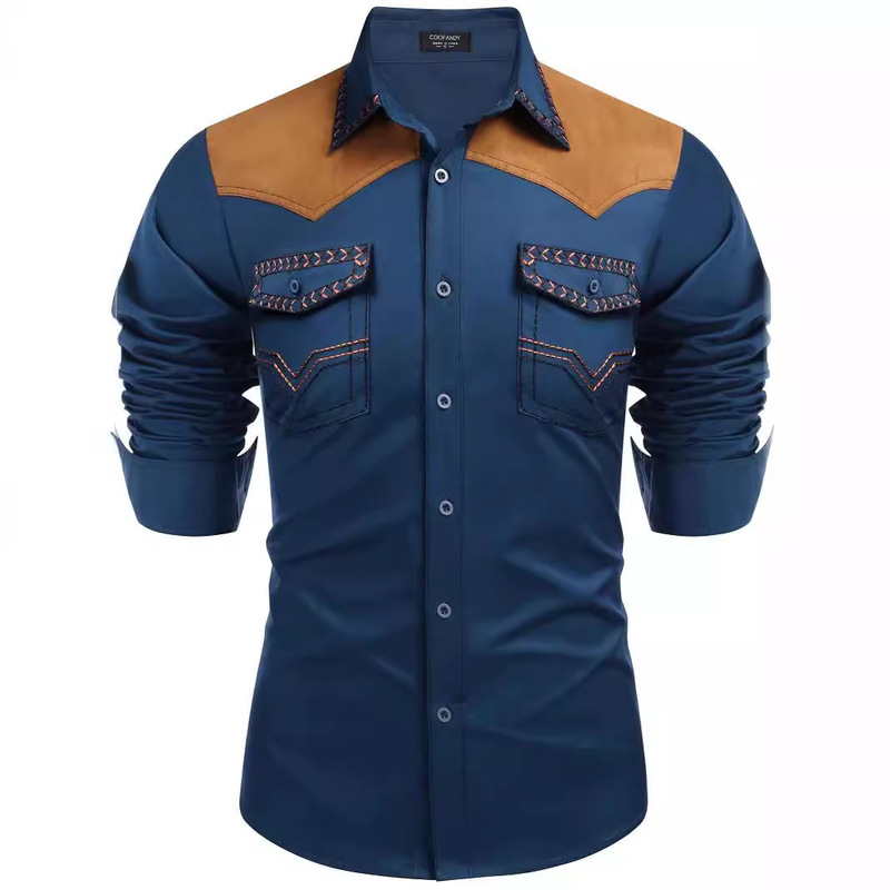Western Cowboy Style Shirt Cross-Border Amazon European and American Mid-Length Tight-Fitting High-End Long-Sleeved Handsome Style Splicing Color