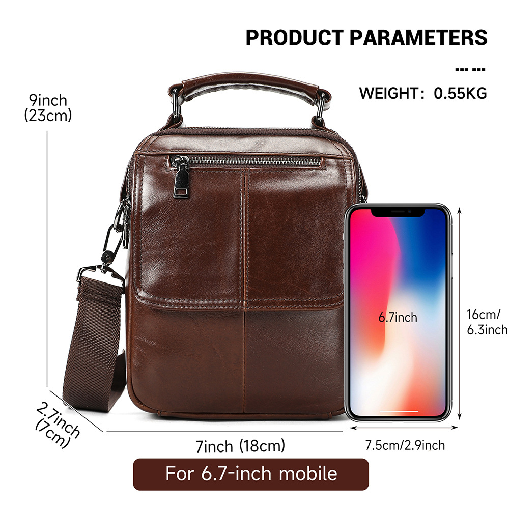 Túi đeo chéo nam da bò thật dạng đứng nắp gập, phong cách casual — Đen, Nâu, 18*7*23cm
