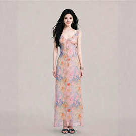 2026巨好看水墨画碎花吊带连衣裙夏日绝美仙女海边度假沙滩长裙子