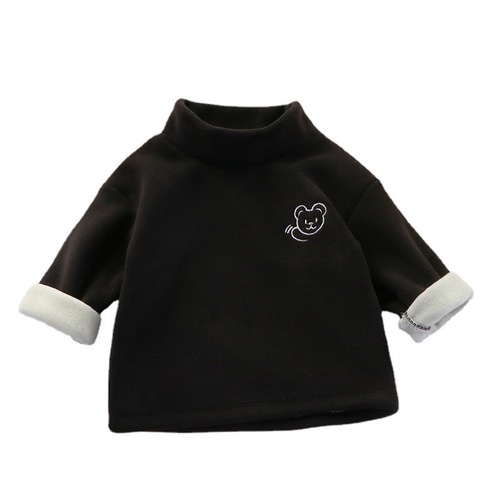 Thick padded base shirt for children, autumn and winter wear, baby half-high collar, inner wear for boys and girls, warm embroidery little bear hoodie, long sleeve