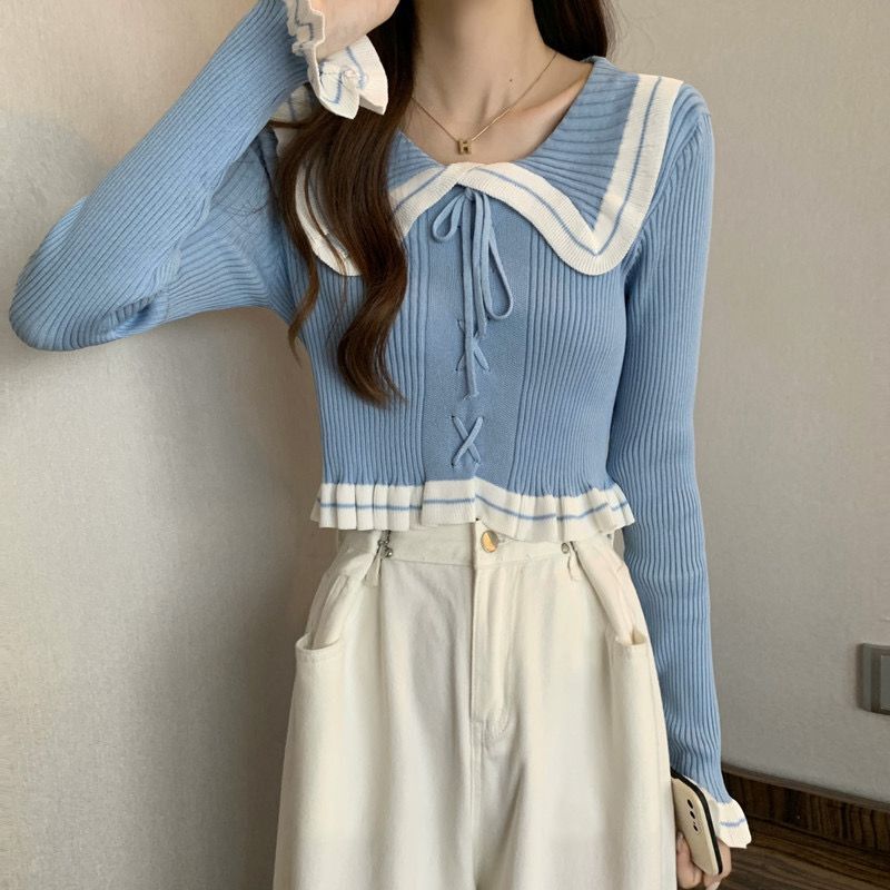 2025 New Summer Style Petite Doll Collar Sweater Design Lace-Up Long-Sleeved Short Top