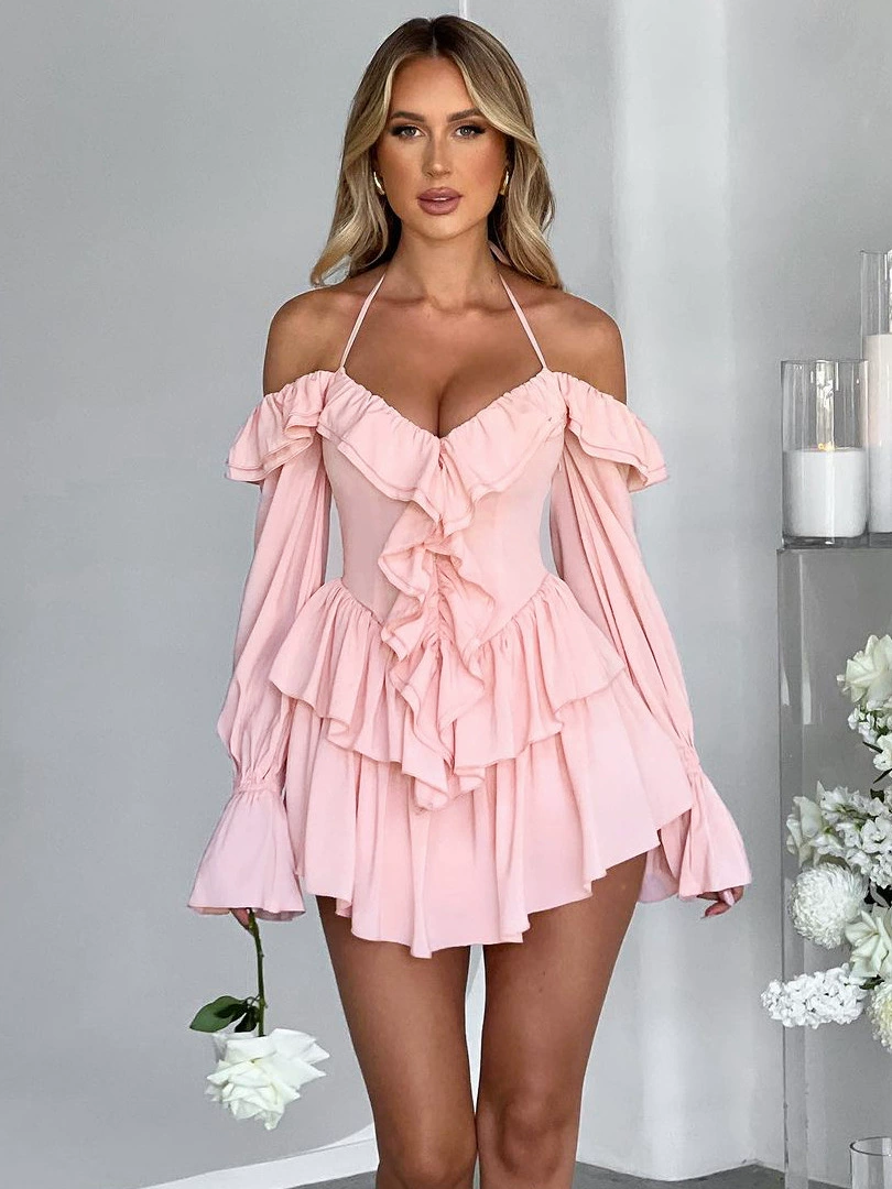 Свадебное/halter off-shoulder мини-платье, европейский стиль, воланная летняя комбинация, 83% полиэстер