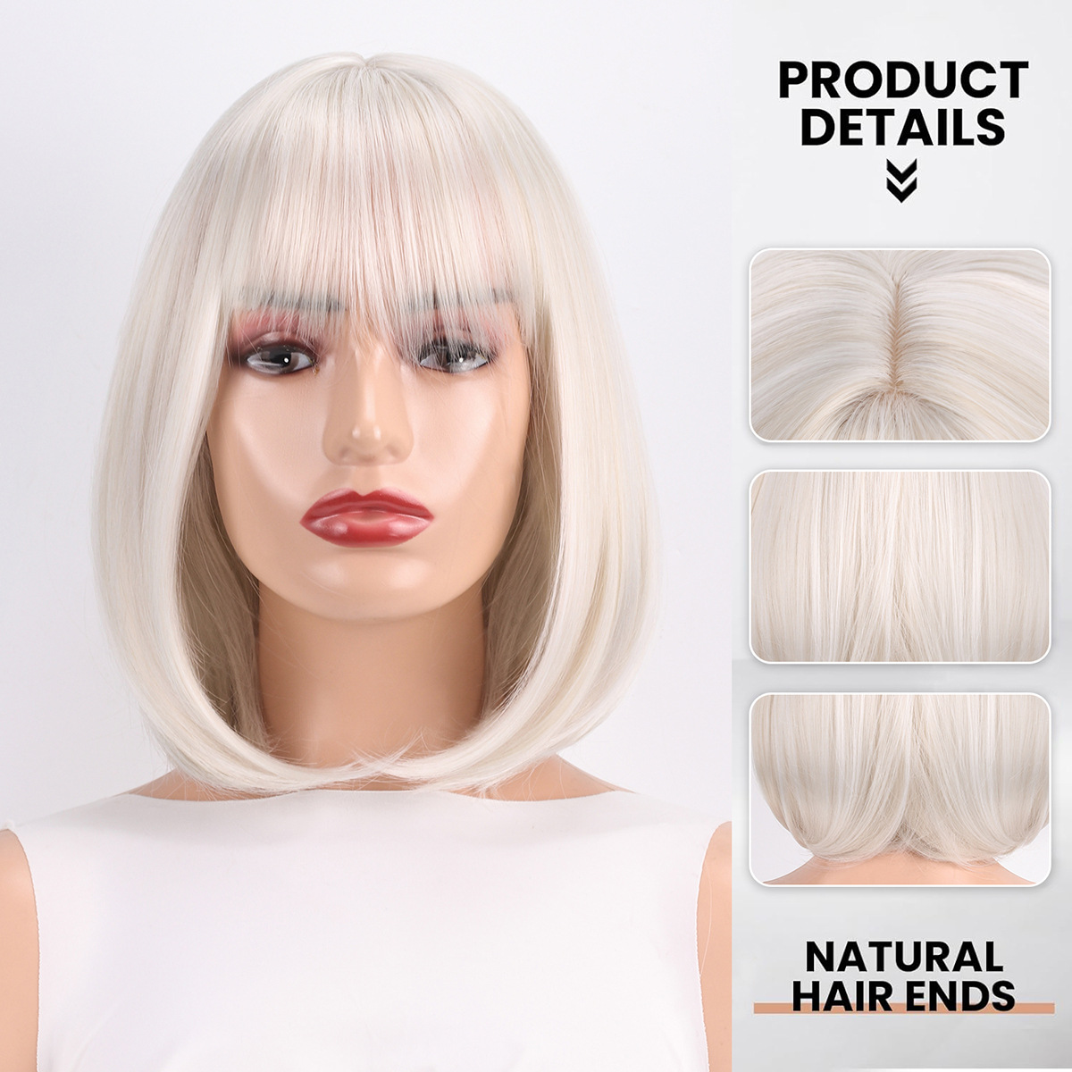 Peluca blanca transfronteriza europea y americana de las mujeres flequillo Bobo cabeza beige interior Pelo Corto Peluca de comercio exterior