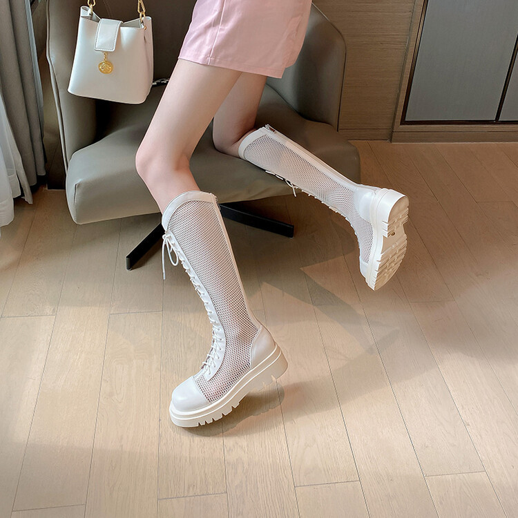 Boot lưới da thật cổ cao đế dày thoáng khí mùa xuân hè phong cách kỵ sĩ buộc dây — Màu nâu ống lớn, Màu đen cổ ống lớn, Ống nhỏ màu đen, Ống nhỏ màu be chi tiết 91
