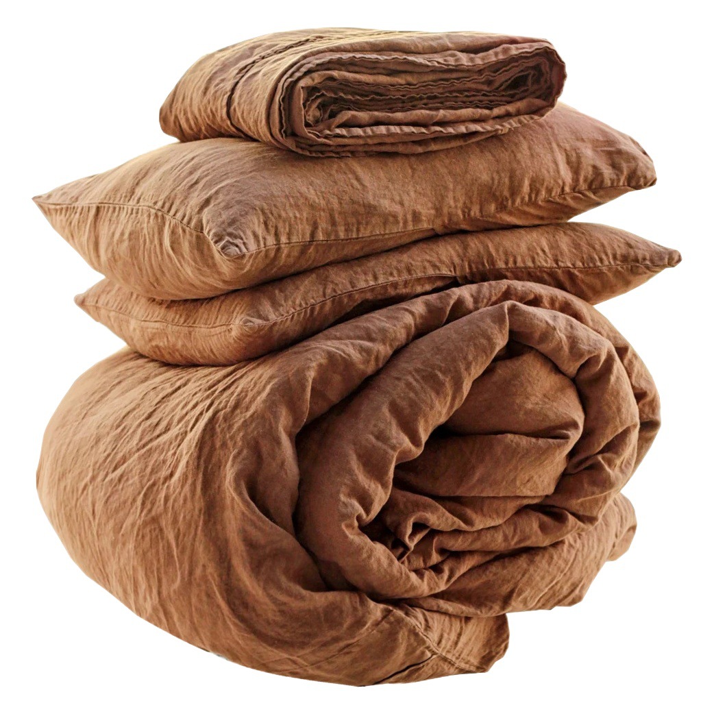 Juego de cuatro piezas de lino puro lavado a la francesa, estilo INS de lujo ligero, ropa de cama de color liso para otoño e invierno, ideal para dormir sin ropa, venta al por mayor para otoño e invierno.