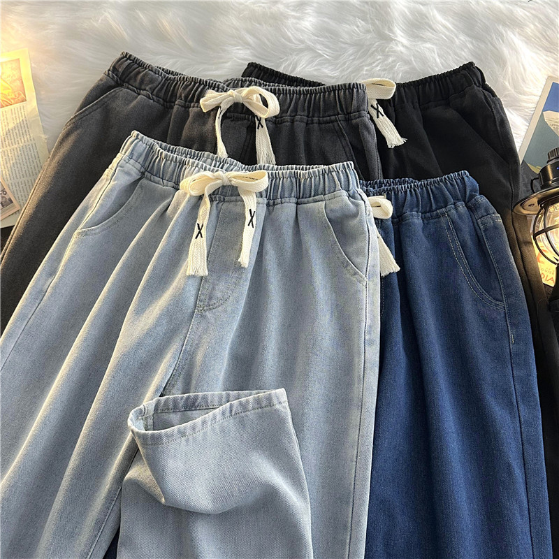 elastic waist jeans men's spring and summer wide leg floor pants men's trendy loose straight wide leg blue long pants