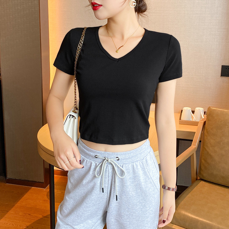 Wholesale V-Neck Pure Cotton T-Shirt for Women, Cropped Short-Sleeve Top, Summer Solid Color Simple Short T-Shirt, Sexy Base Top