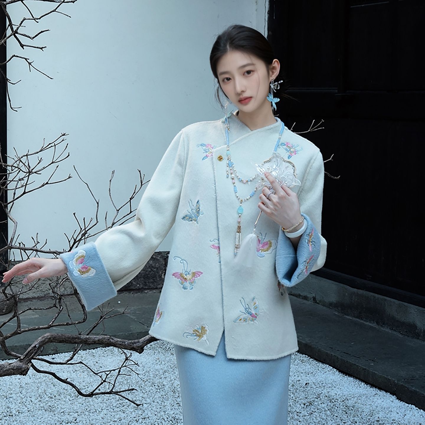 新中式双面呢羊毛套装冬季蝴蝶刺绣改良国风外套半裙两件套 NY028