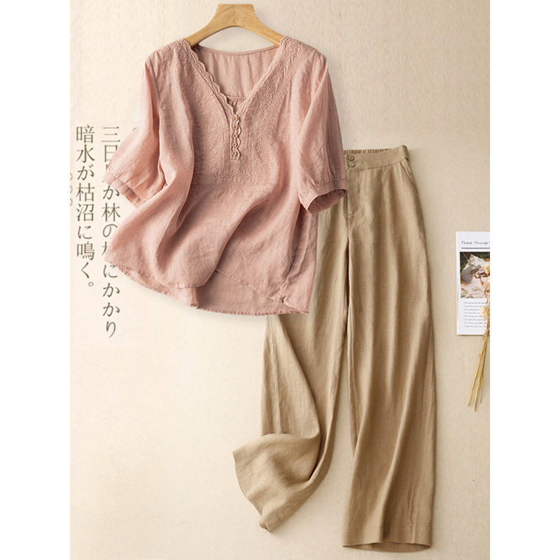リネンスーツ女性のための 2025 夏の新しい半袖 Tシャツワイドレッグパンツ 2 点セット綿とリネンのシャツカジュアルパンツストレートヘア|undefined