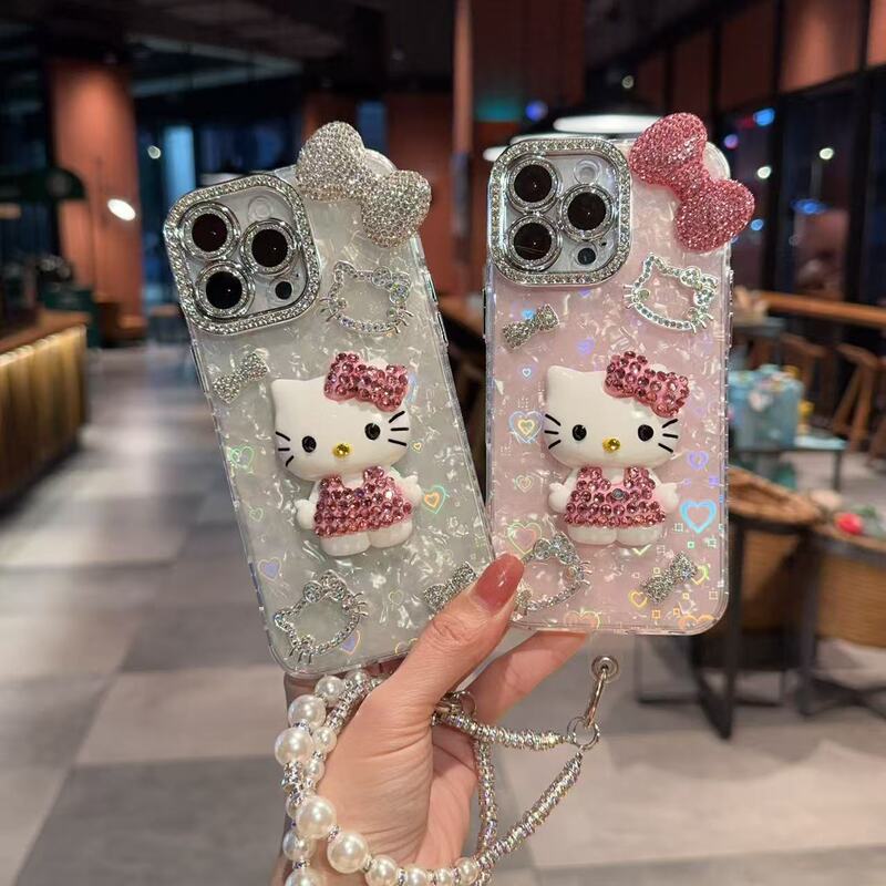 Shell Pattern Suitable for Apple 17 Pro Max, Sparkling Diamond 13 Pro, 3D Kt Cat iPhone 15/16 Pro Phone Case