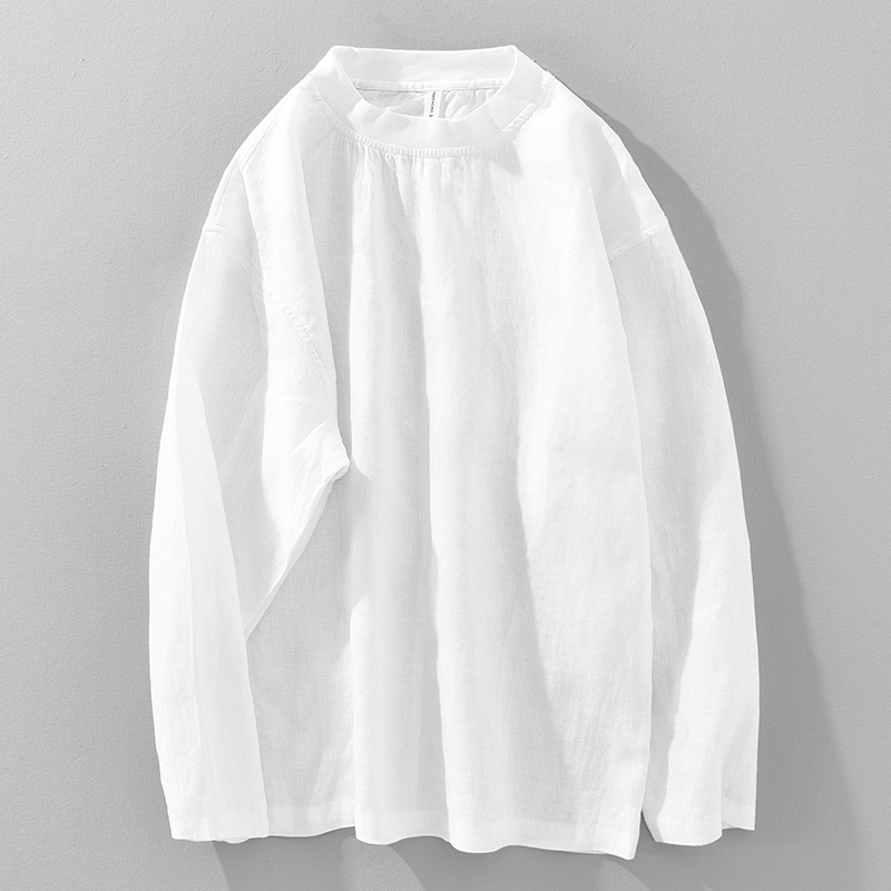 Y2519 Four Seasons Old Money Style Loose White Linen Long Sleeve T-Shirt Men's Bottoming Soft Sweater Men's Jacket