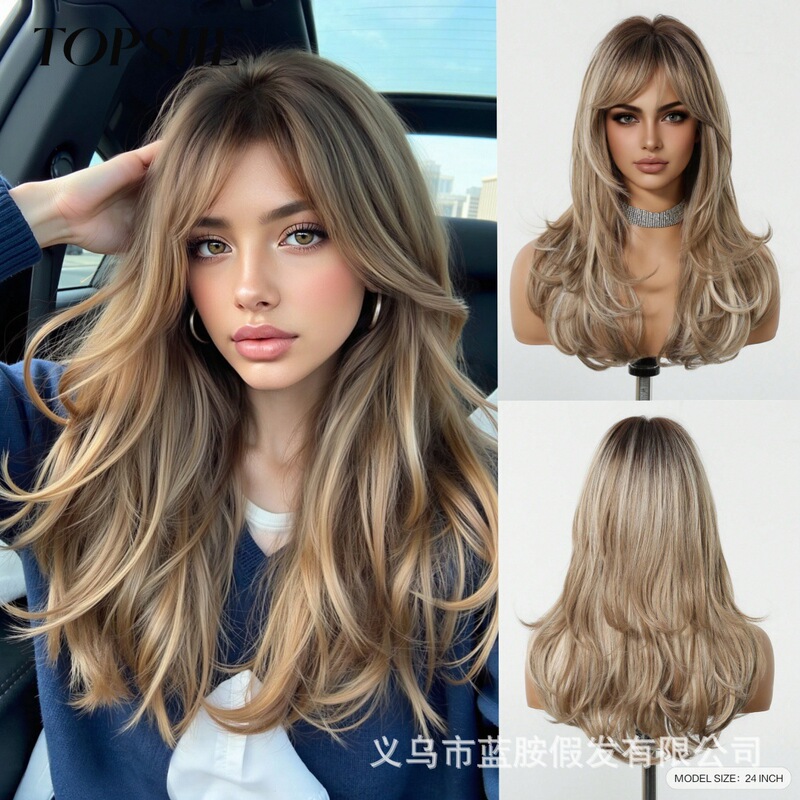 Cross-Border European and American Style Gradient Brown Wig for Women with Curly Bangs and Curly Hair, Mid-Length Curly Hair, Hot-Selling Full Headgear