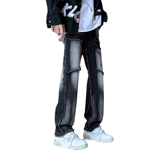 Vibe-style explosion street pants with frayed edges, heavy craftsmanship, washed workwear jeans, old-school West Coast straight-leg pants