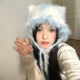 韩版甜美可爱猫耳朵毛绒针织帽女秋冬显脸小流苏毛线帽保暖护耳帽