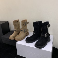 英伦风酷飒方头厚底绒面金属扣马丁靴复古英伦风皮带扣绒面时装靴