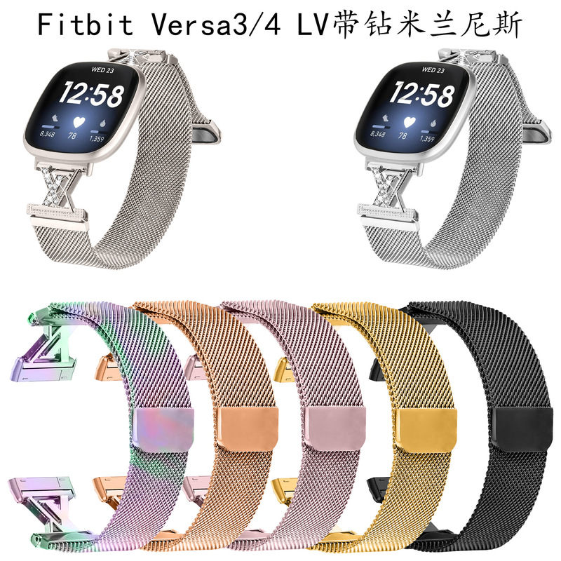 Suitable for Fitbit Versa3/4/Sense New Letter Diamond-Encrusted Metal Stainless Steel Milanese Watch Strap
