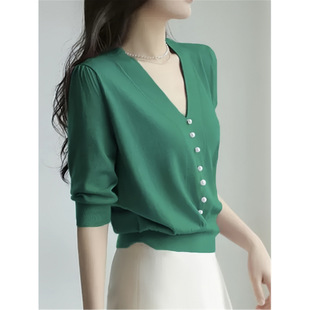 U 27900 V-Neck Ice Silk Short-Sleeve Knit Top V �I���z�����