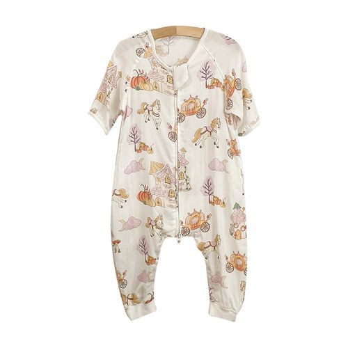 Summer digital printed double-layer three-quarter sleeve bamboo cotton split-leg sleeping bag children's jumpsuit seamless splicing children's sleeping bag