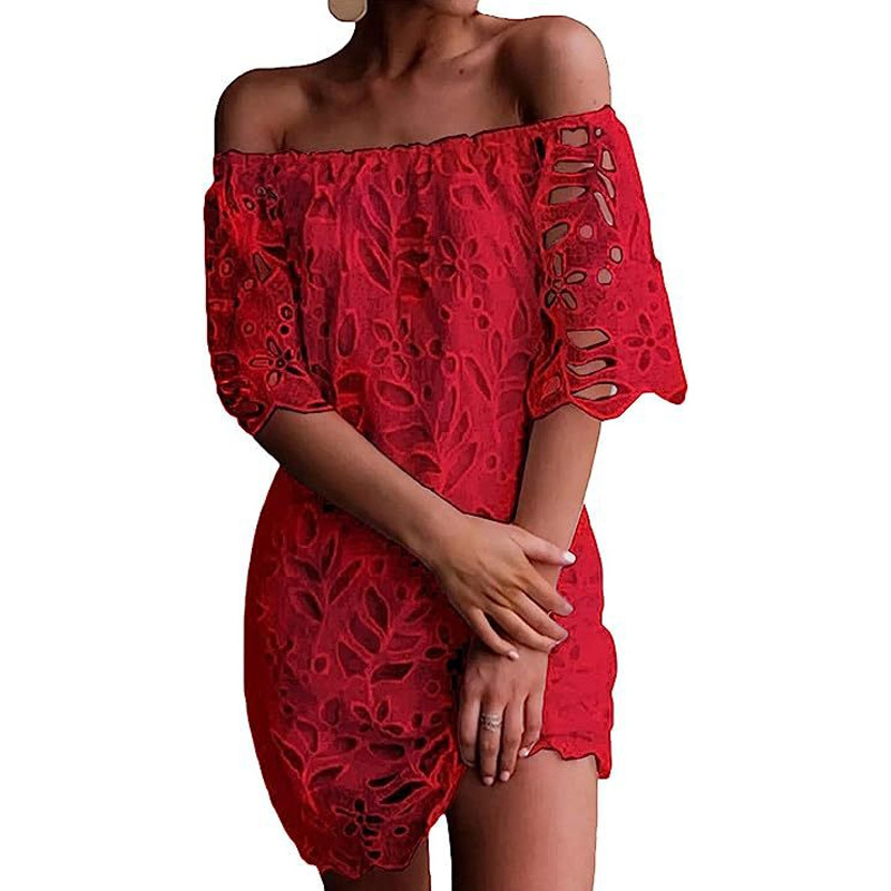 Women's Regular Dress Elegant Boat Neck Lace Short Sleeve Solid Color Knee-Length Holiday Daily Date display picture 7