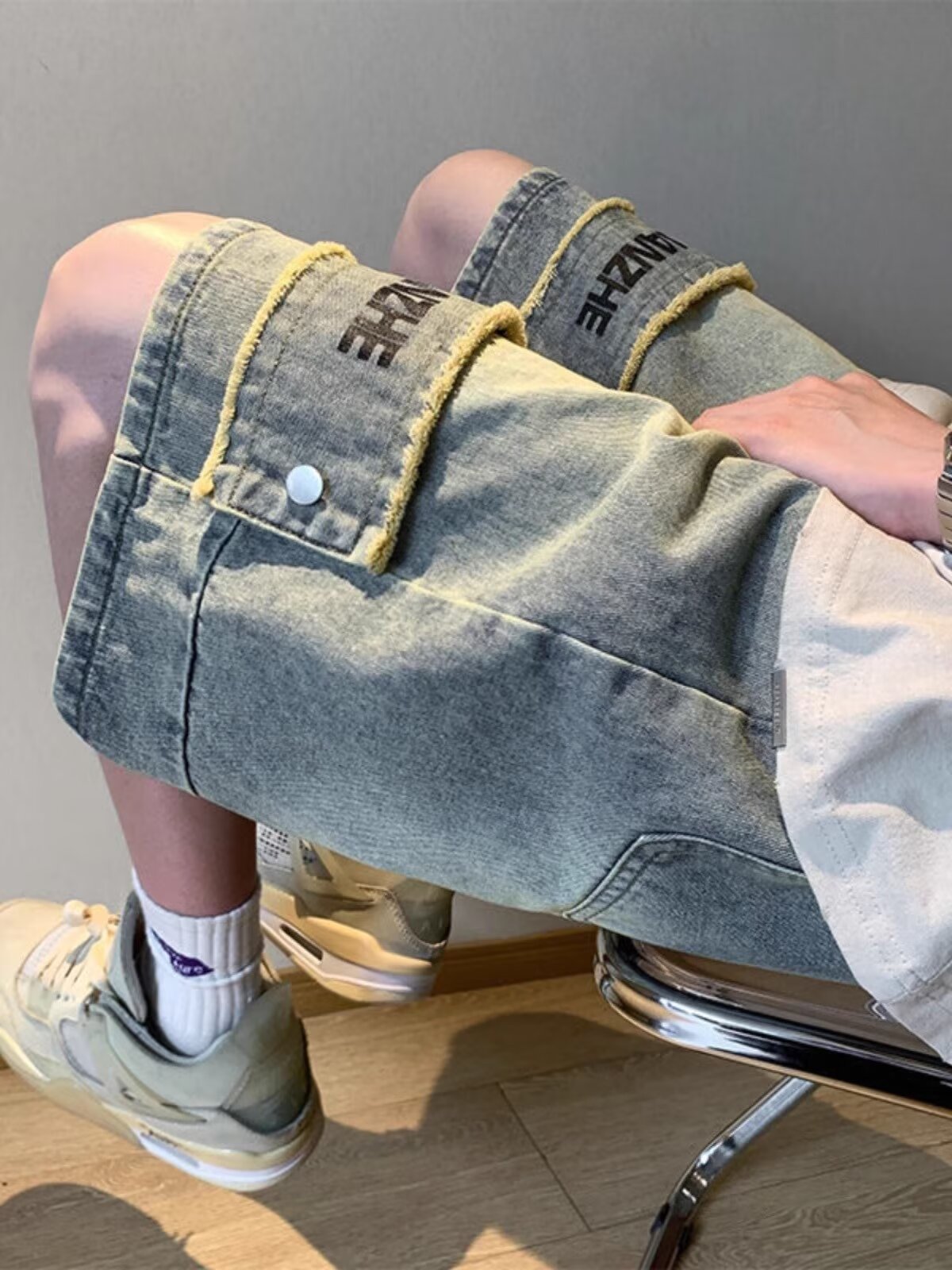 Men's Style Washed Distressed Denim Shorts Niche Design High Street Muddy Wide Leg Straight Leg Five Point Pants_mkmklike.com