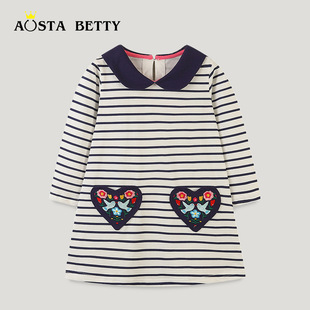 European and American Style Girls' Dresses, Children's Striped Princess Dresses, Small and Medium-Sized Children's Lapel Embroidered Long-Sleeve Dresses for Little Girls