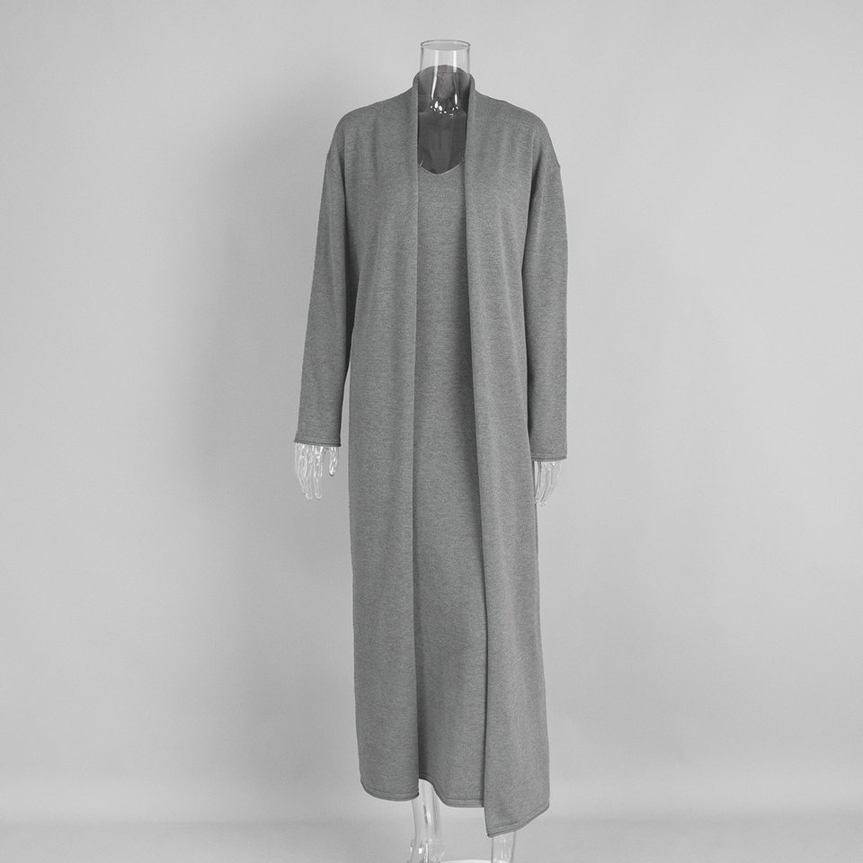 Bộ đầm dài kèm áo cardigan dệt kim dài tay nữ — Màu cà phê đậm, Màu hồng, Màu trắng, Màu xám chi tiết 20