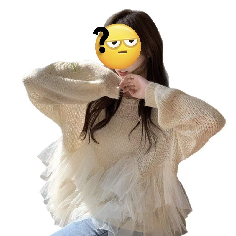 2025春季宽松显瘦气质仙气针织衫套头上衣慵懒风网纱拼接长袖女|undefined