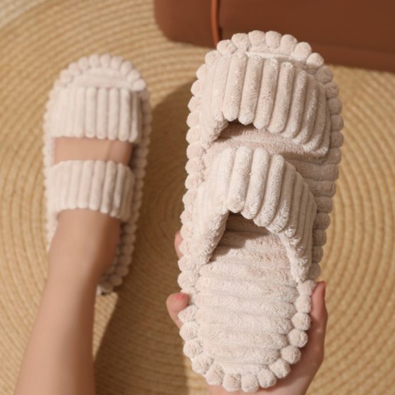 Cross-border temu Amazon new double bar curly cotton slippers home candy color indoor fur slippers wholesale