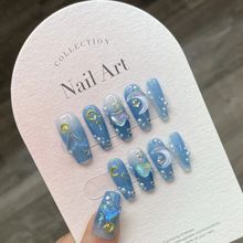 10Pcs Handmade Press on Nails Long Ballet Blue Fake Nails wi