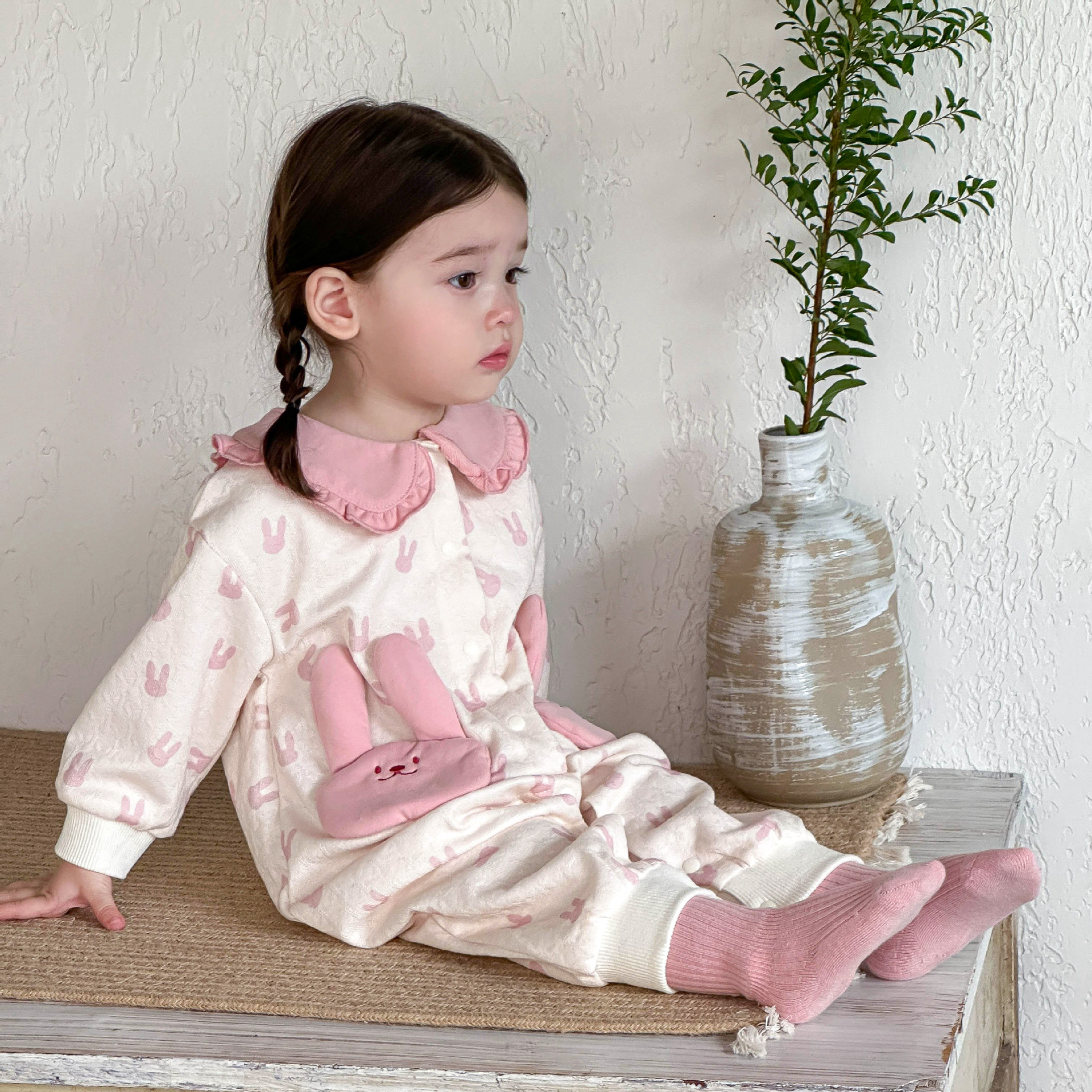 Ropa de otoño para bebés súper lindos, ropa de una pieza de algodón de primavera y otoño para bebés, ropa de salida, lindo conejo, luna llena, cien días