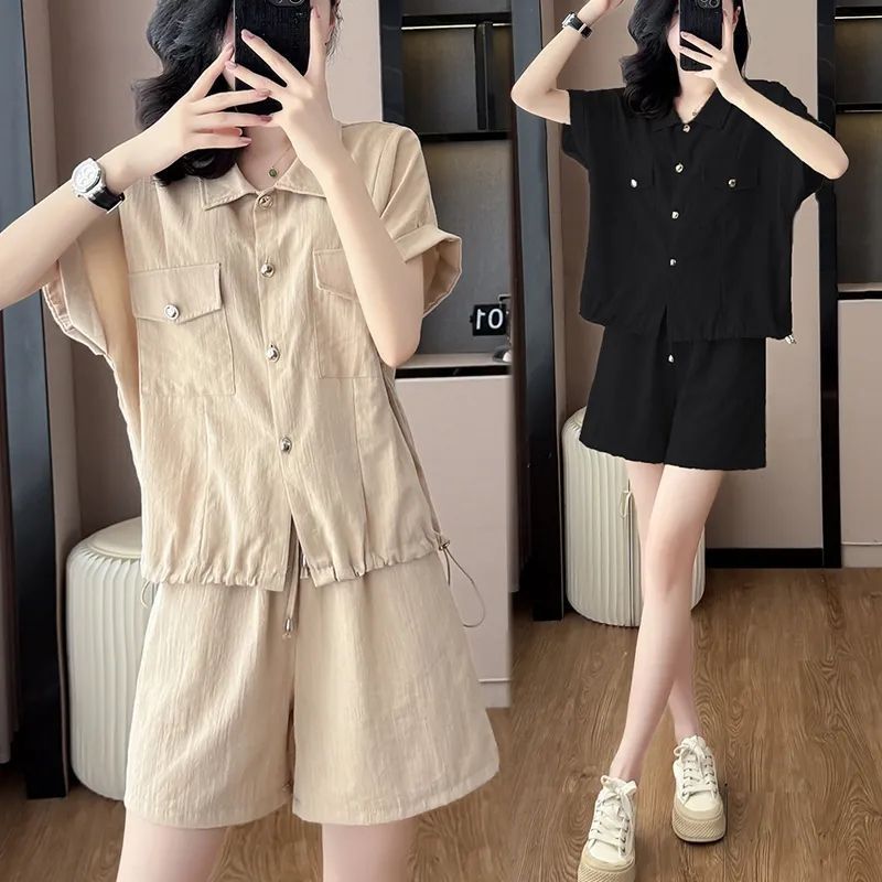 여름 새로운 캐주얼 스포츠 정장 솔리드 컬러 탑 반바지 대형 패션 Drawstring 다목적 느슨한 투피스 세트 여성용
