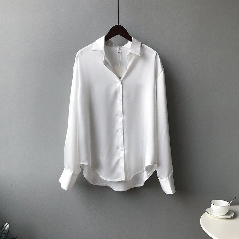 Women's Clothing acetate satin shirt women's glossy outer wear drape long sleeved shirt design niche light mature top spring_voghion.com