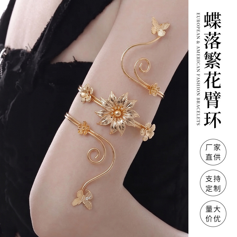 European and American Cross-Border Jewelry Creative Bohemian Bracelets Exaggerated Metal Alloy Floral Hollow Arm Wrap Bracelets