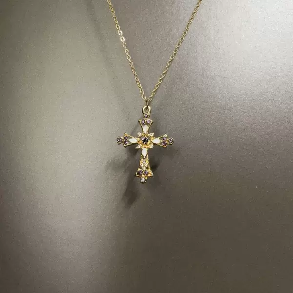 Vintage Golden Petal Cross Necklace Medieval Golden Cross Long Clavicle Chain