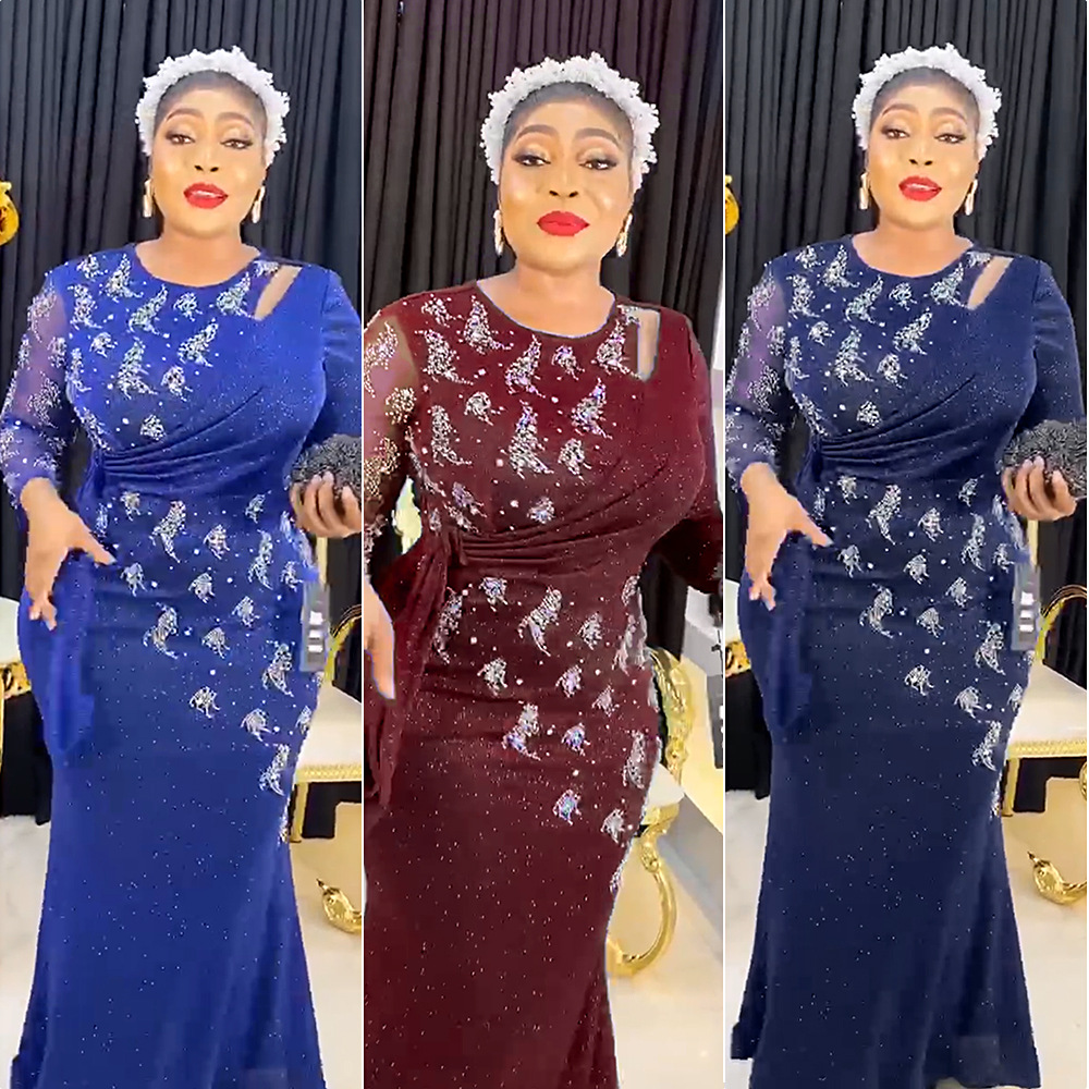 European and American Foreign Trade African Women's Large Size Long Sleeve Hot Drilling Nail Beads Fishtail Dress AliExpress Bridesmaid Evening Dress