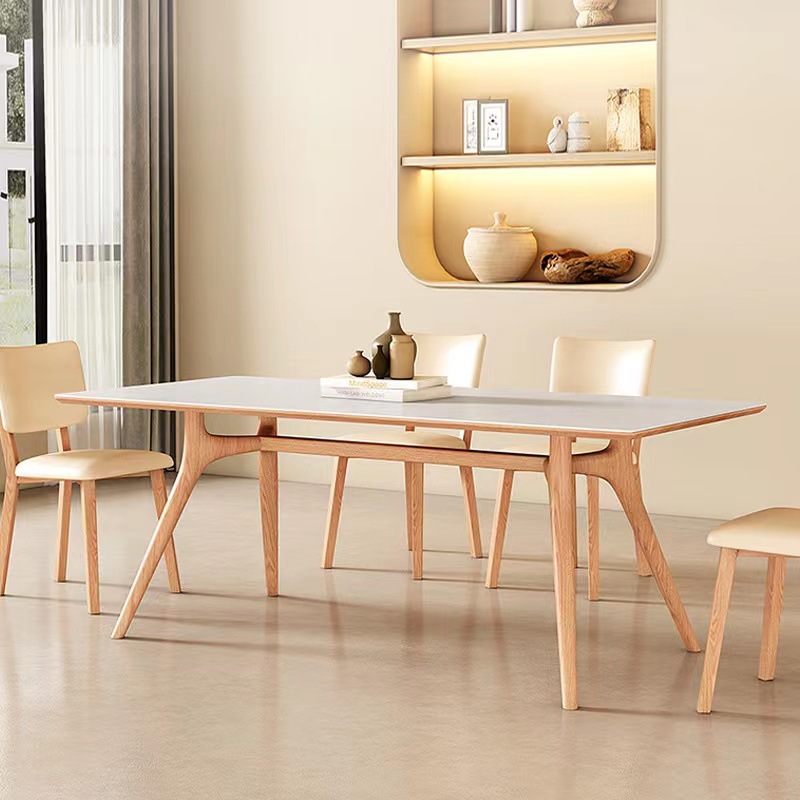 De estilo japonés de madera maciza Placa de roca mesa de comedor hogar pequeño apartamento rectangular mesa de comedor moderna simple de madera maciza pura Mesa blanca y silla combinación