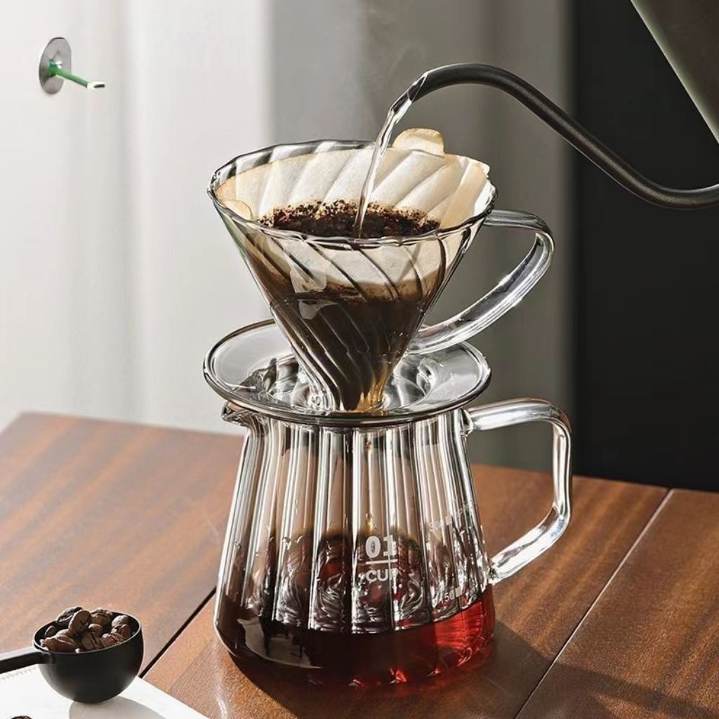 Mayorista de vidrio para la fabricación de café con mano conjunto de taza de filtro de café para compartir hervidor de café utensilios de café taza de filtro de vidrio