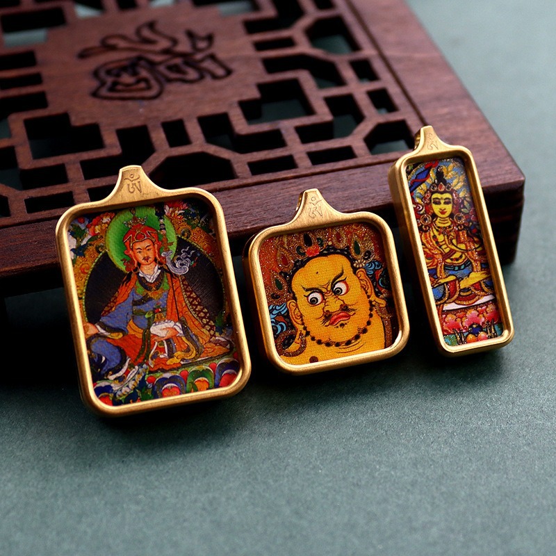 티타늄 스틸 스퀘어 THANGKA 상자 빈 상자 손 그림 부처님 동상 쉘 크로스 VAJRA PESTLE 티베트어 작은 THANGKA 펜던트 상자