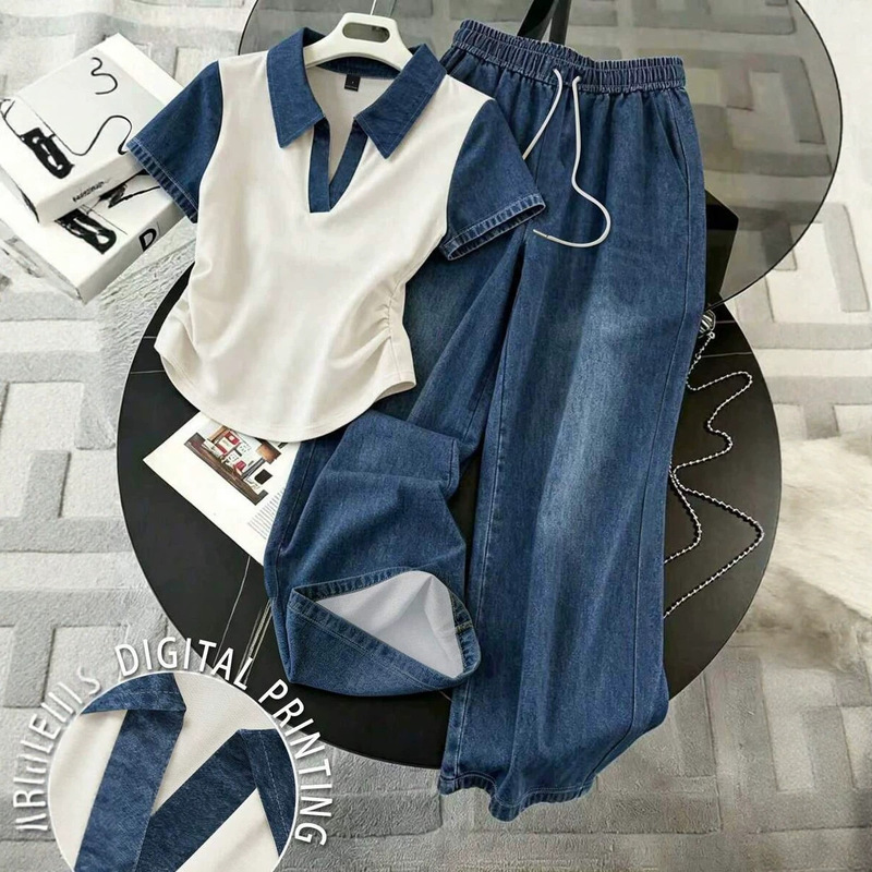 Exclusive cross-border set: Polo denim print two-piece set with slim-fit short top and drapey wide-leg pants for casual wear Exclusive cross-border set: Polo denim print two-piece set with slim-fit short top and drapey wide-leg pants for casual wear