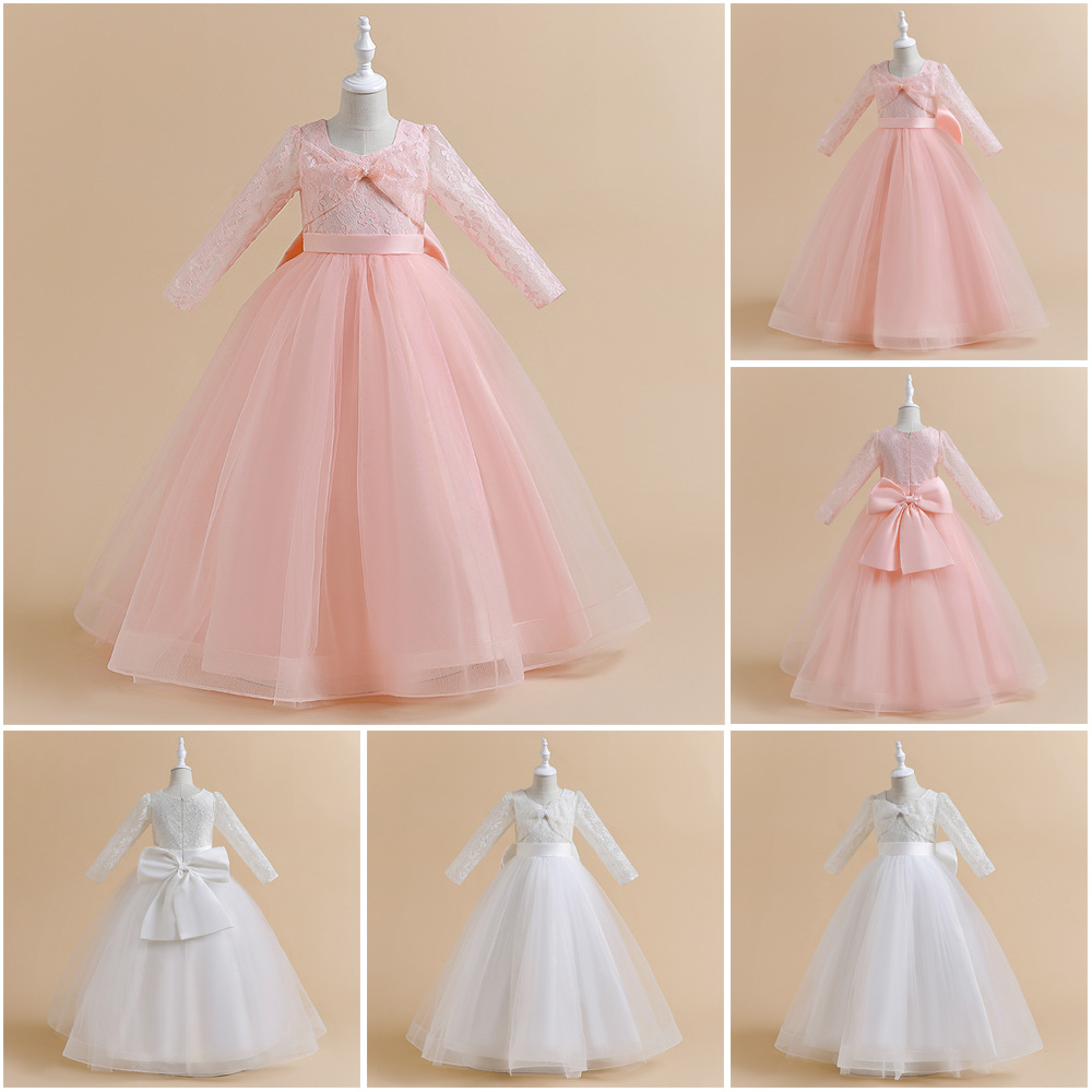 兒童長款婚紗禮服裙蓬蓬網紗公主裙長袖花童裙女童鋼琴演出走秀服
