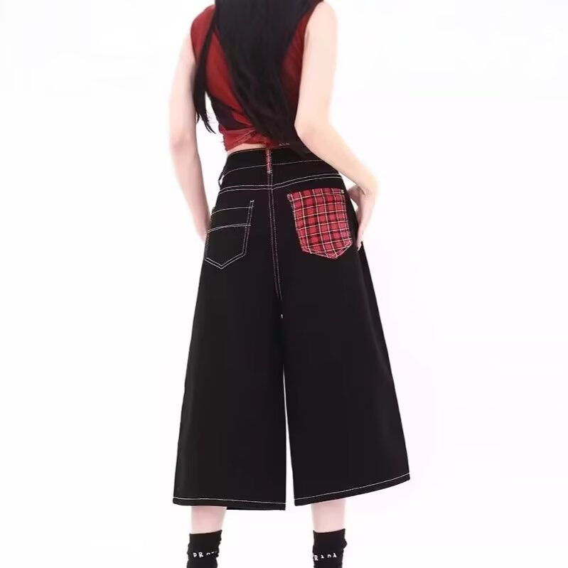 Plus-Size American Retro Washed Black and Red Plaid Patchwork Jeans for Women, Autumn High-Waisted Loose Drapey Cropped Wide-Leg Pants