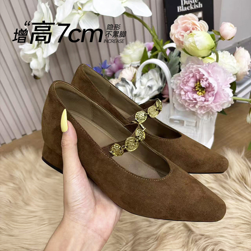 H088-2 Retro Mary Jane Shoes for Women with Hidden Heel, Medium Heel, Square Toe, Gold Coin Buckle, Chunky Heel, Single Shoes for Petite Women H088-2 Retro Mary Jane Shoes for Women with Hidden Heel, Medium Heel, Square Toe, Gold Coin Buckle, Chunky Heel, Single Shoes for Petite Women