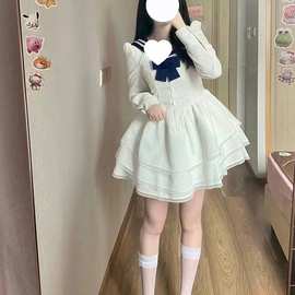 秋装2025新款法式初恋甜美学院风jk海军领蝴蝶结白色连衣裙子女