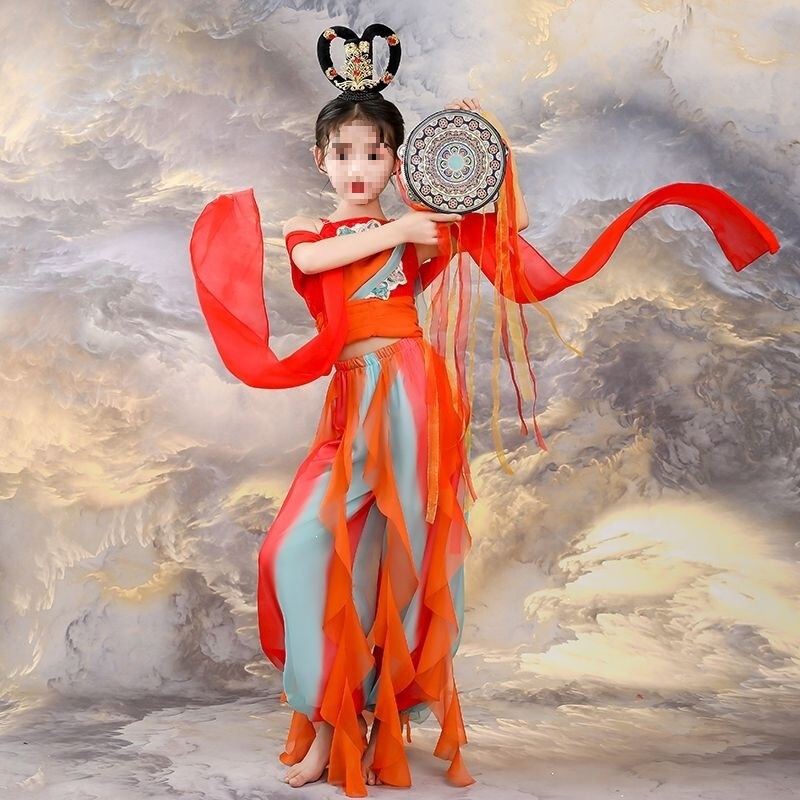 New Style Girls' Western-Style Dunhuang Flying Drummer Dance Dress Hanfu Children's Performance Costume Exotic Classical Dance