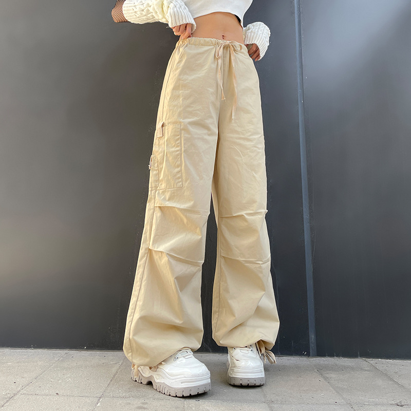 solid color asymmetrical pocket stitching drawstring woven cargo pants NSSSN136222