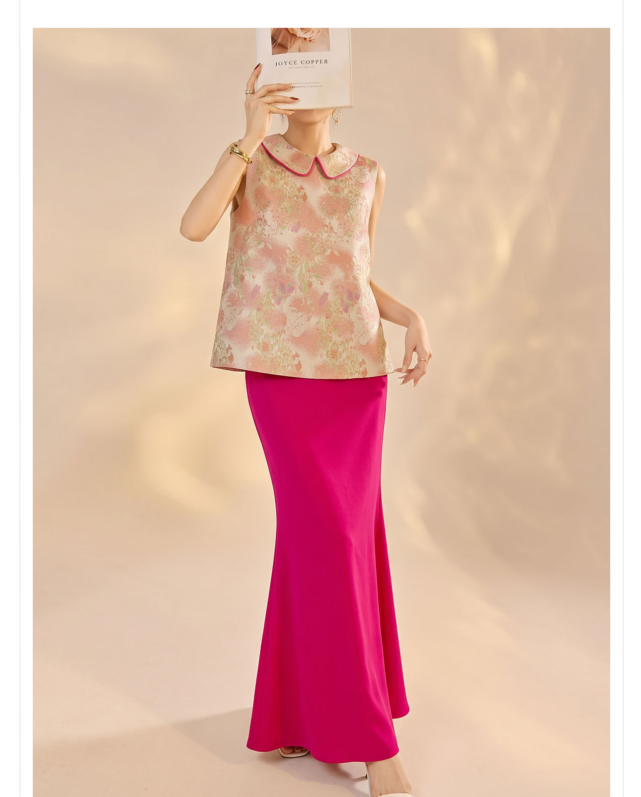Bộ áo vest gile jacquard + chân váy nữ quốc phong mùa hè 2026 — Áo khoác Carmine, Trang phục [Áo khoác màu hồng+váy đỏ], Màu đỏ nửa váy chi tiết 8