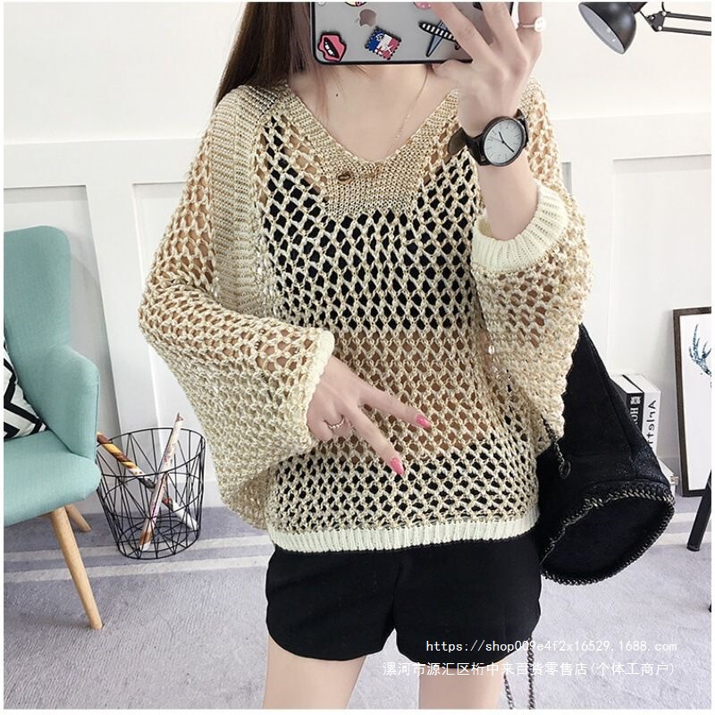 Casual style women's pullover sweater, loose fit, 2026 summer hollow-out cover-up, thin shiny fishnet knitted batwing shirt