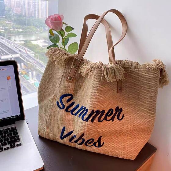 Bag Women's Large Capacity 2023 New Canvas Bag Beach Bag Shoulder Hand Tote Bag All-match Tassel Mummy Bag