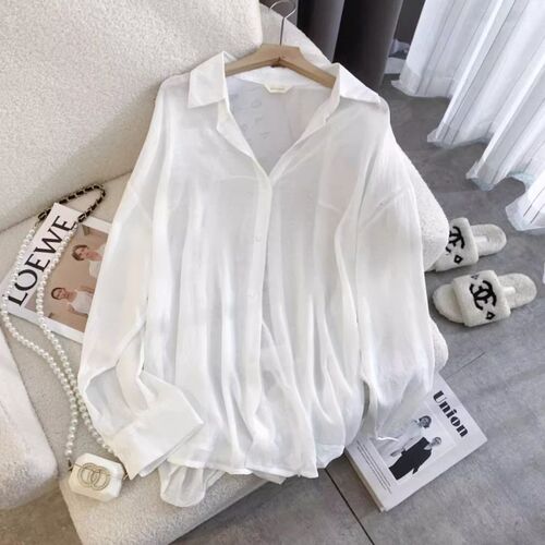 Medium and long sun-protection clothes, shirts, women's summer thin ice silk cardigan shirts, summer chiffon shirts, women's backless tops